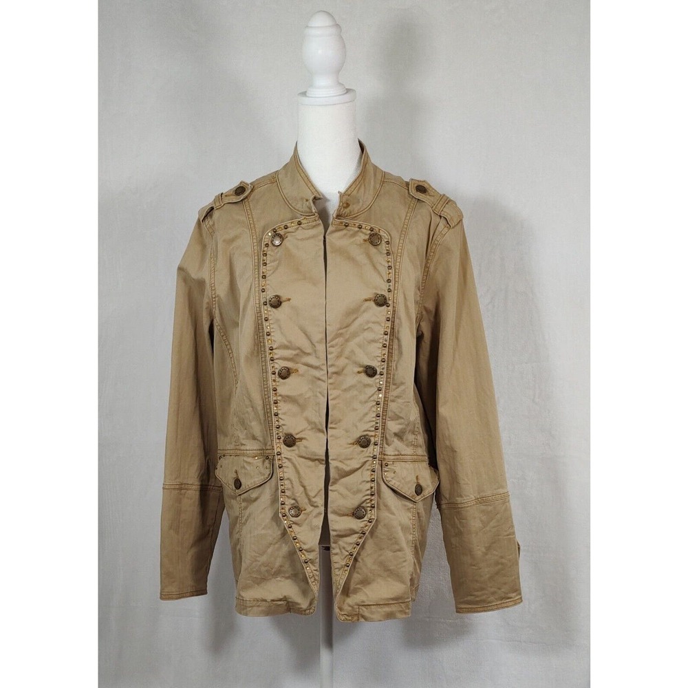 Zana Di Jeans Tan Khaki Military Studded Jacket Stand Collar Women‎ Size XL